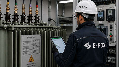 Ein Mitarbeiter in einer E-FOX-Uniform und mit Schutzhelm steht neben einem beschrifteten Transformator und überprüft mithilfe eines Tablets die Anlagen in einem Schaltraum.