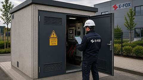 Ein Arbeiter in Schutzkleidung bedient ein Tablet, während er elektrische Anlagen in einem offenen Versorgungskasten inspiziert, der mit einem Hochspannungswarnhinweis gekennzeichnet ist. Das Firmenlogo von E-FOX ist auf seiner Uniform und an einem nahegelegenen Gebäude zu sehen.